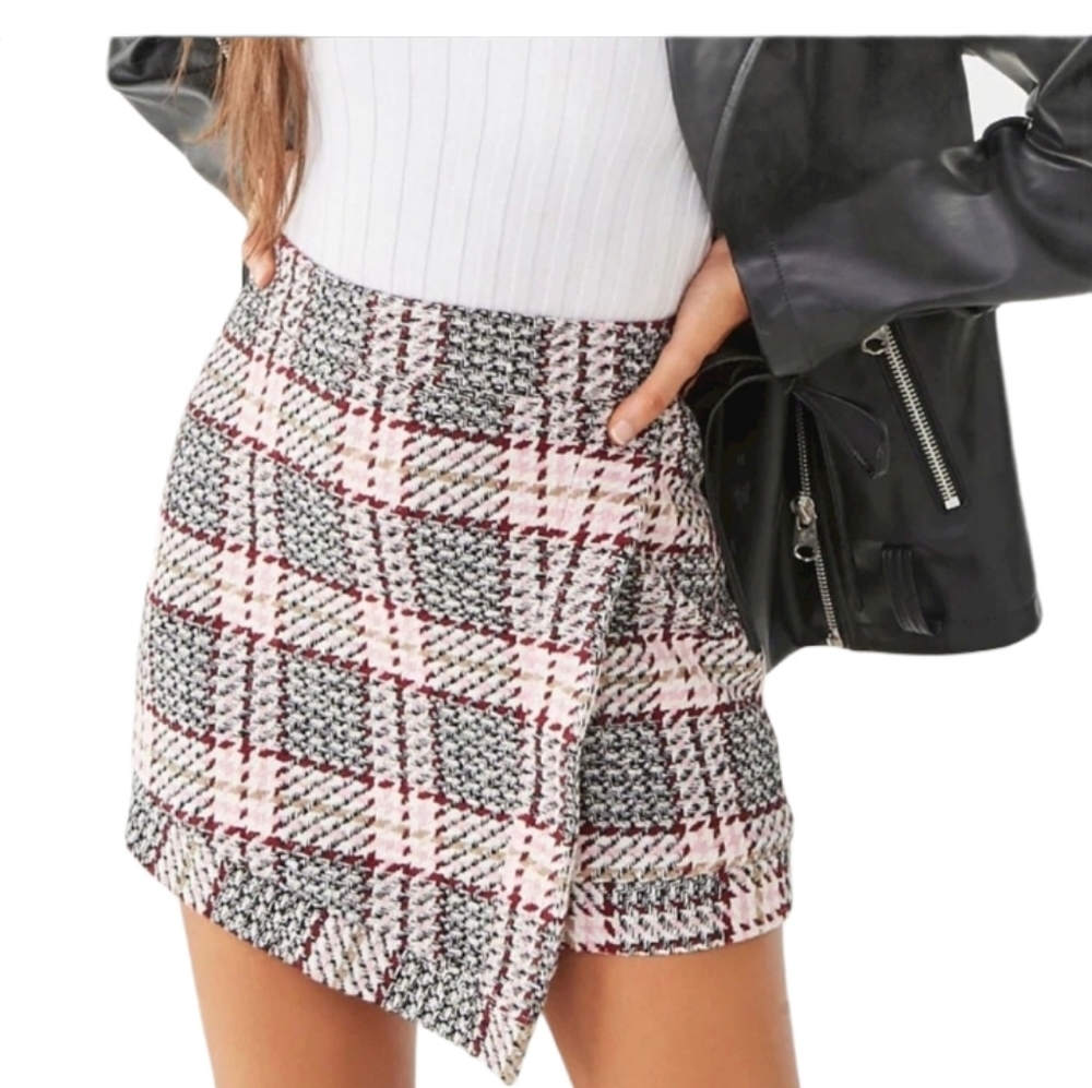 SOLD Asymmetrical Tweed Plaid Mock Wrap Skirt